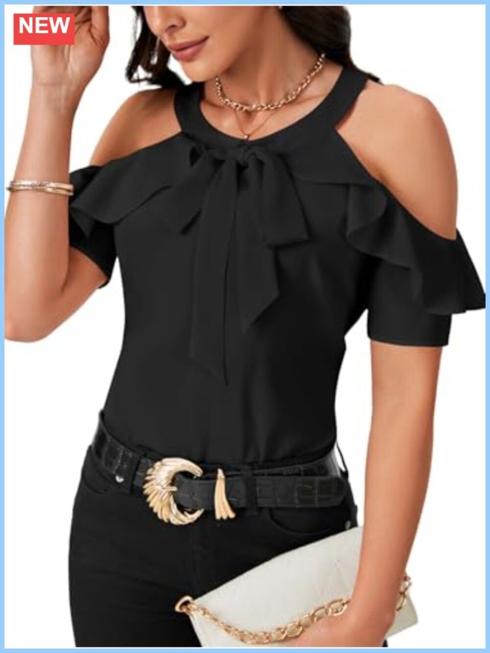 Cold Shoulder Tie Knot Blouse Ruffle Hem Short Sleeve